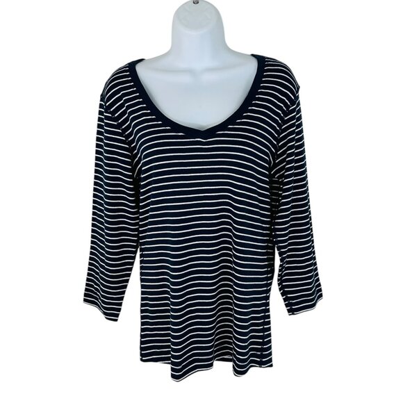 Three Dots Women's Size L Striped 3/4 Sleeve Navy White Top NWOT - Picture 1 of 8